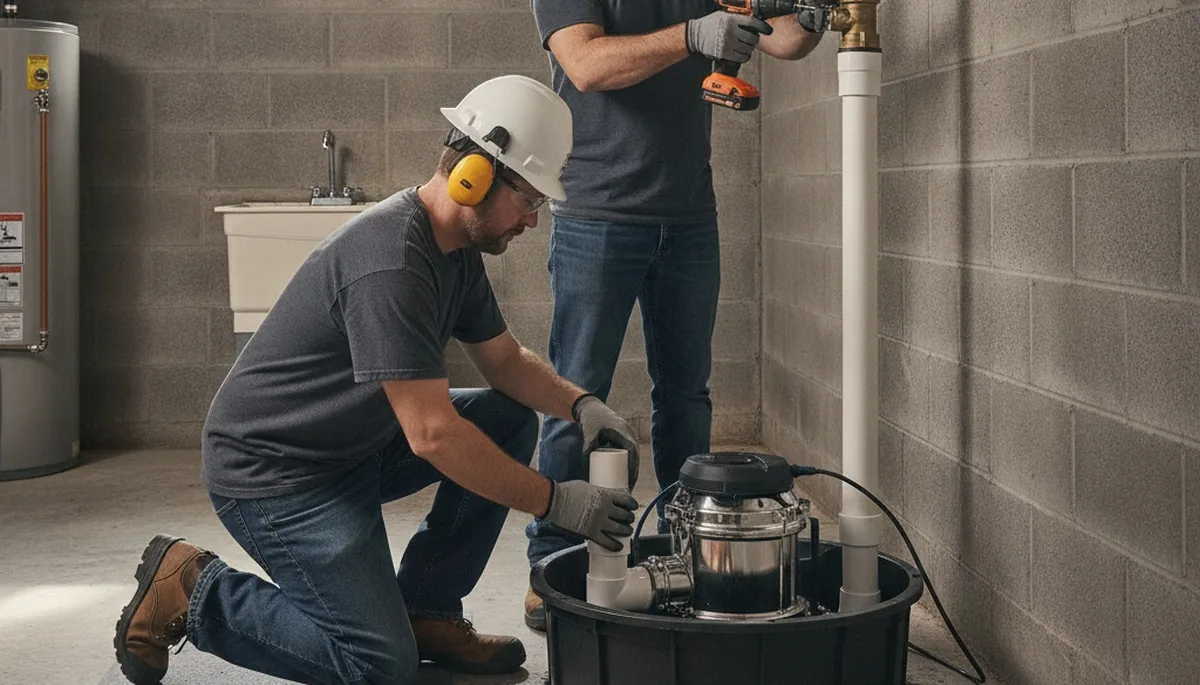 Sump pump installation in Saint Louis, MO basement by On Call Plumbers for flood protection
